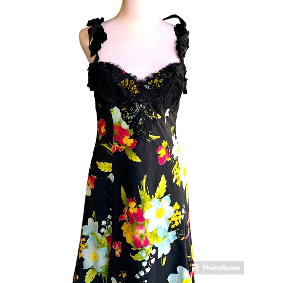 RICKIE FREEMAN for TERI JON Black Floral Print  Cotton Dress Black Lace 4 NWT - Picture 5 of 16